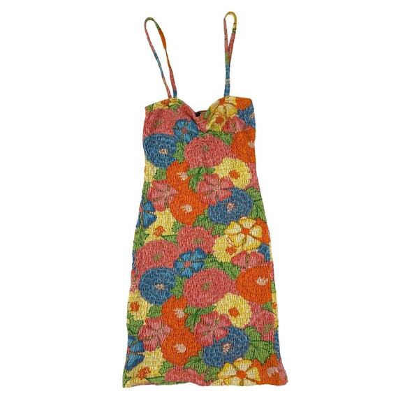 Zara - Shirred Sleeveless Floral Dress in Orange Multi - Picture 1 of 3